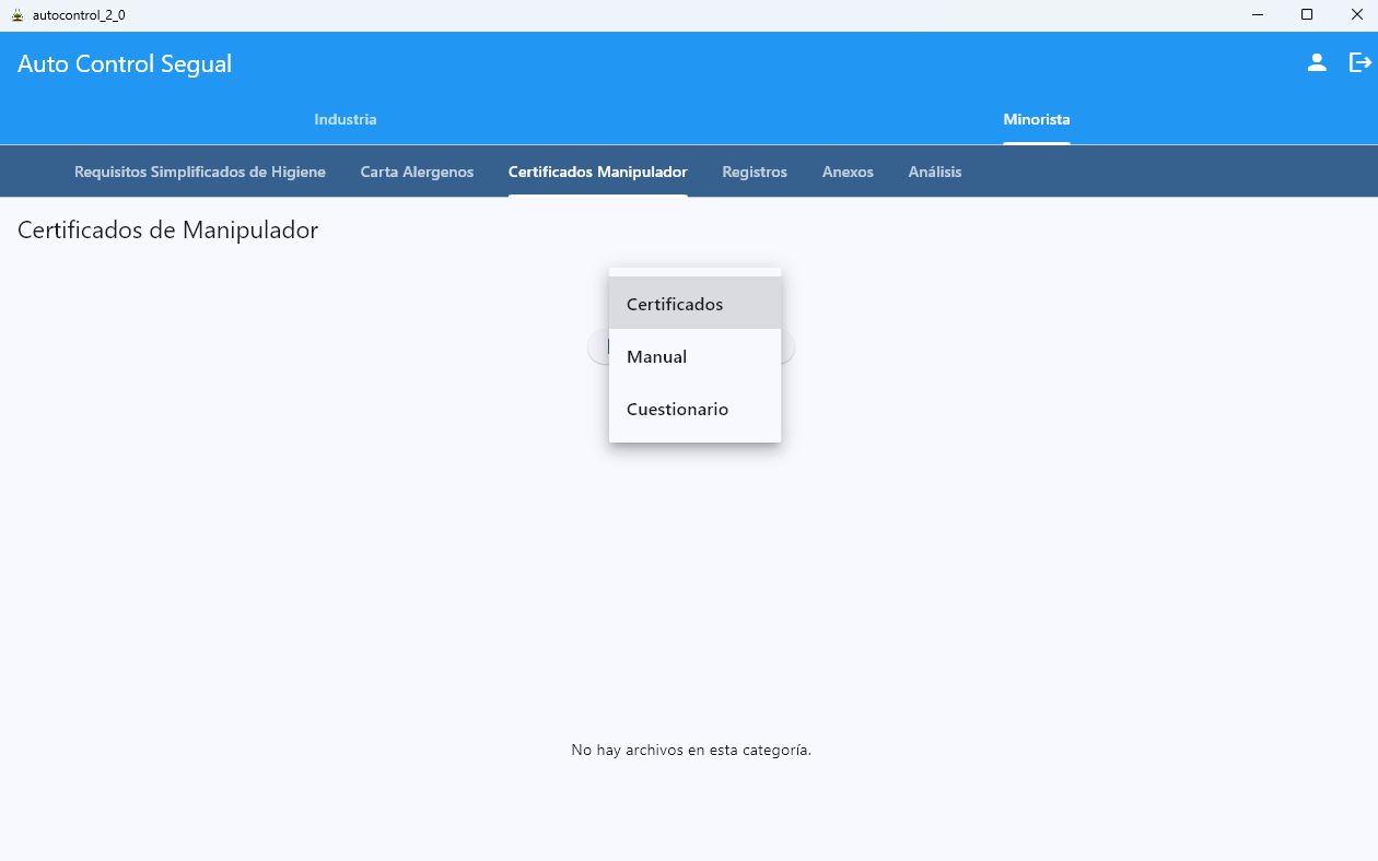 Certificados de Manipulador en AutoControl minorista — certificados, manual de higiene y cuestionarios de evaluación del personal