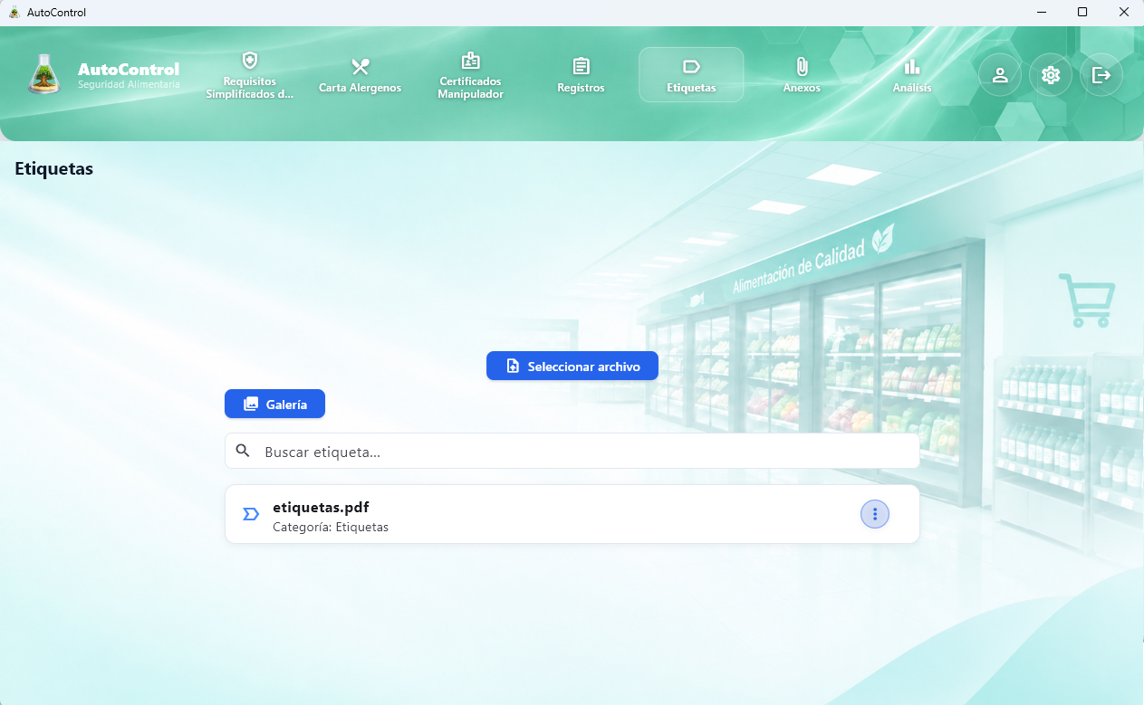 Módulo de Etiquetas en AutoControl para hostelería y minorista — gestión digital de etiquetas de productos con archivos PDF
