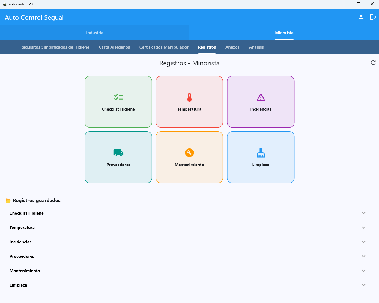 Dashboard de Registros AutoControl minorista — módulos Checklist Higiene, Temperatura, Incidencias, Proveedores, Mantenimiento, Limpieza